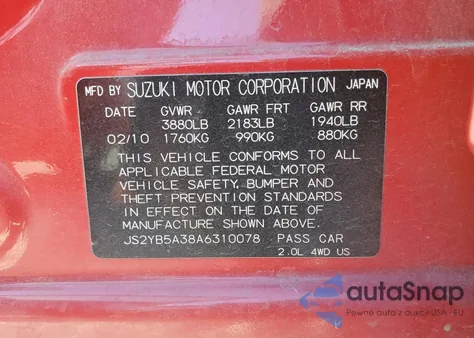 2010 Suzuki Sx4 z USA, uszkodzony, nr VIN JS2YB5A38A6310078